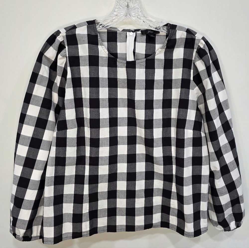 J Crew Black & White Gingham Plaid Top Puff Sleeve Cotton Blend Size 14